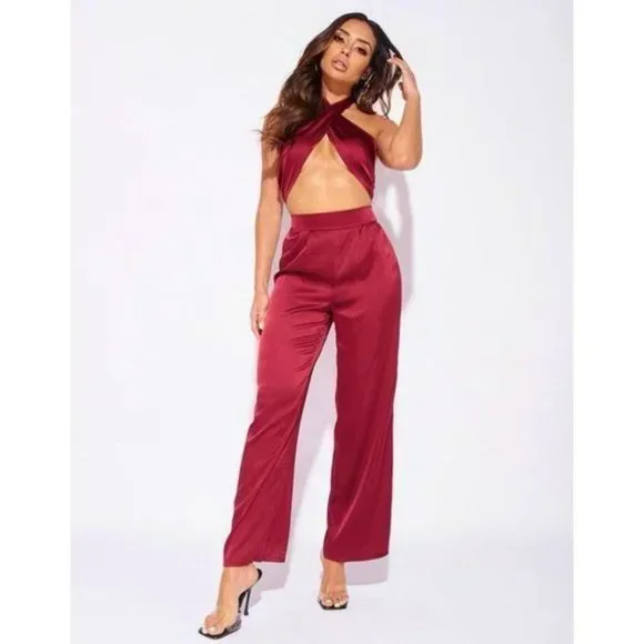Burgundy Satin Halter Neck Crop Top and High Waist Wide Leg Pants Two Piece Set - Picture 10 of 11